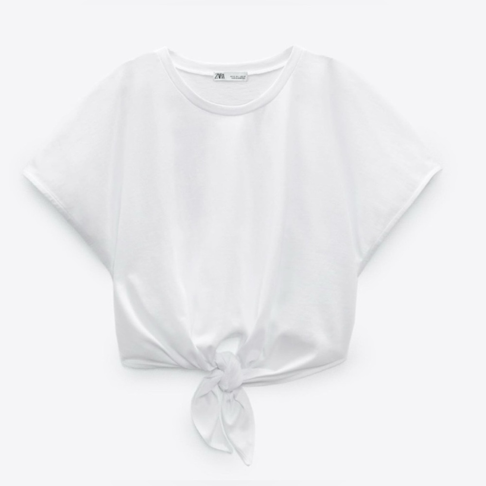 Zara White Front Knot Tie Cropped Tee - Picture 2 of 8